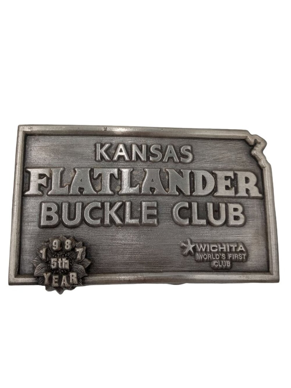 Kansas Flatlander Belt Buckle Club 1987 KS Words First Wichita KS Vintage